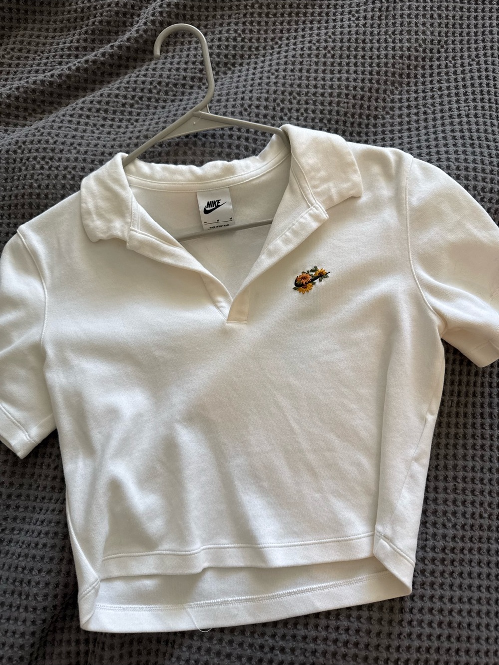 Nike White Polo Crop Top with Hand-Embroidered Floral Accent